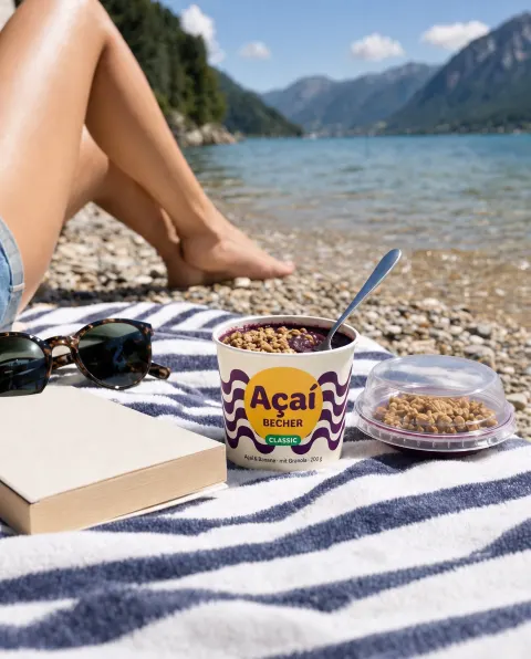 Geöffneter Açaí Becher auf einem gestreiften Handtuch am Seeufer mit Bergen
