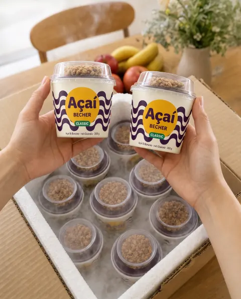 Hände heben zwei Açaí Becher aus der geöffneten Isolierbox